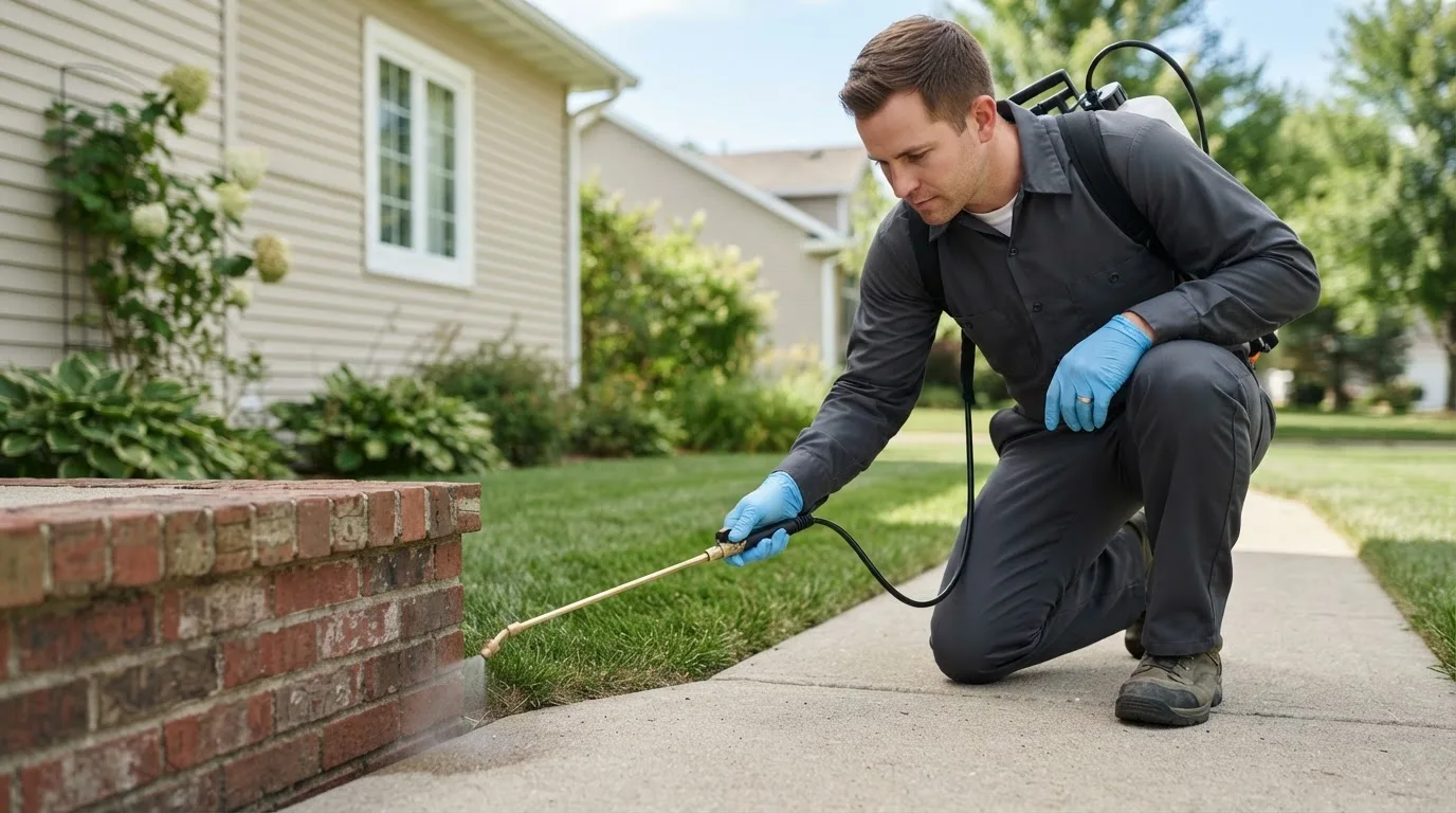 Pest control technician treating a home near Fosston, MN